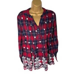 American Sweetheart Plaid Embroidered Half Button Blouse Large